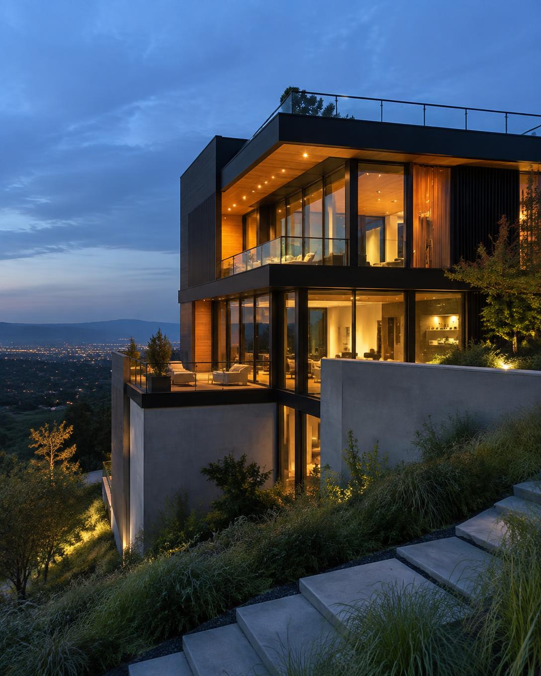Modern hillside residence at dusk